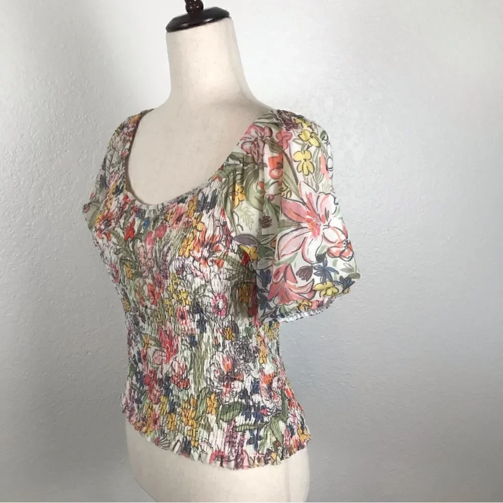 ‎Anthropologie Aurelia floral puff sleeve smocked blouse XS
